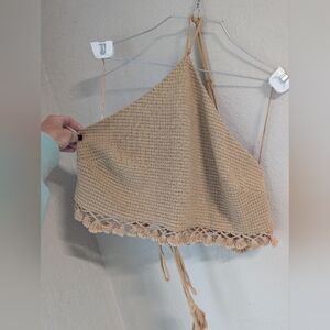 Halter Festival Crop Top 1XL Tan Tassel Fringe Boho Western Tie Back Waffle Knit